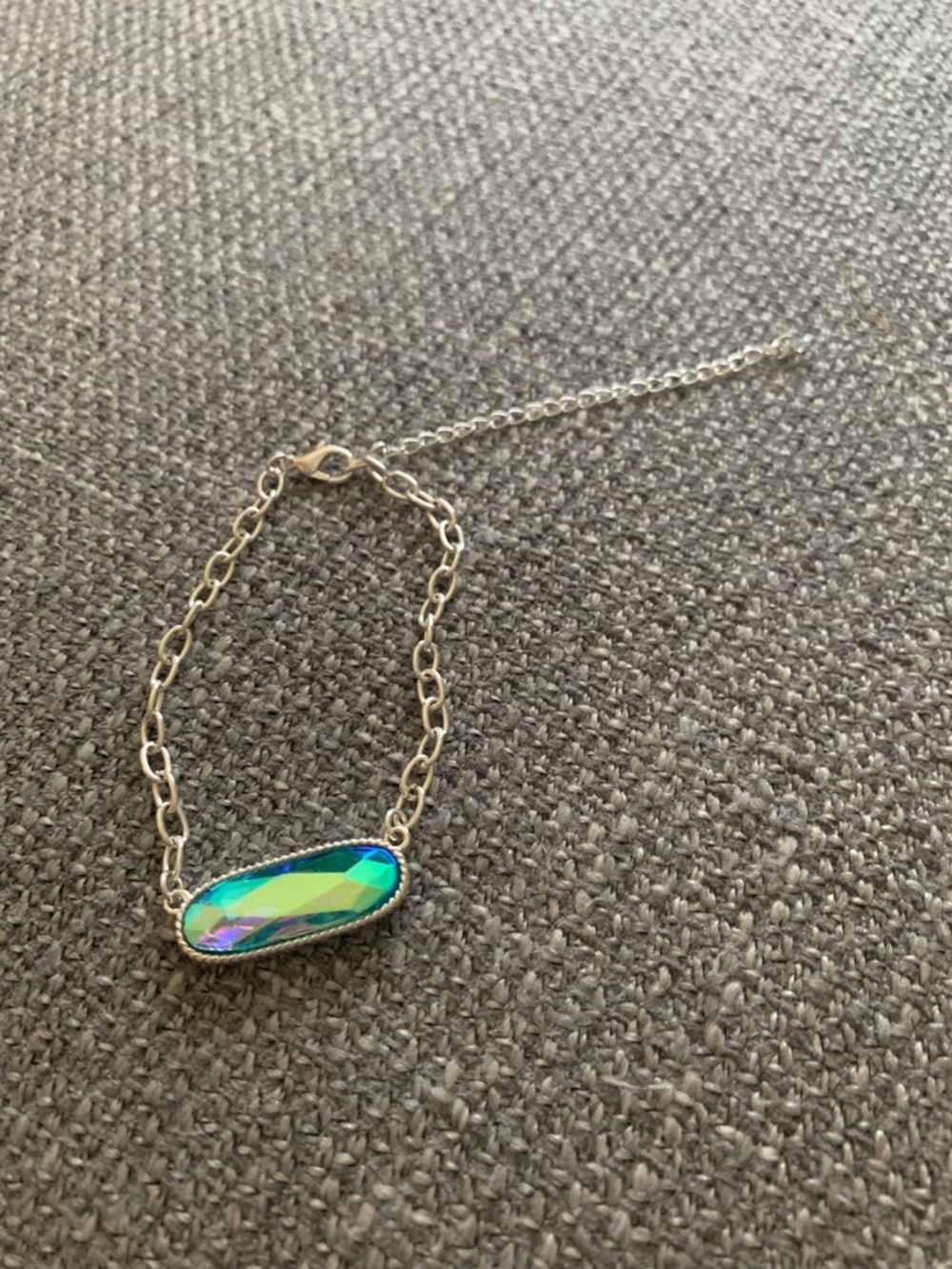 Iridescent Oval Stone Silver Chain Bracelet - Green Accent